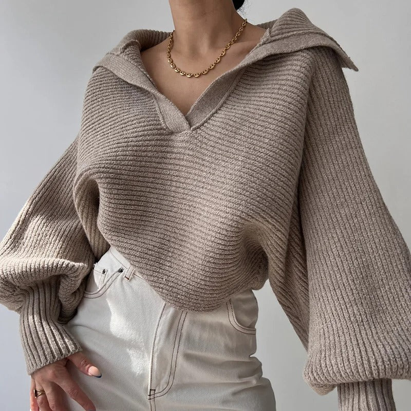 Pull en tricot col ouvert à manches lanterne confortable