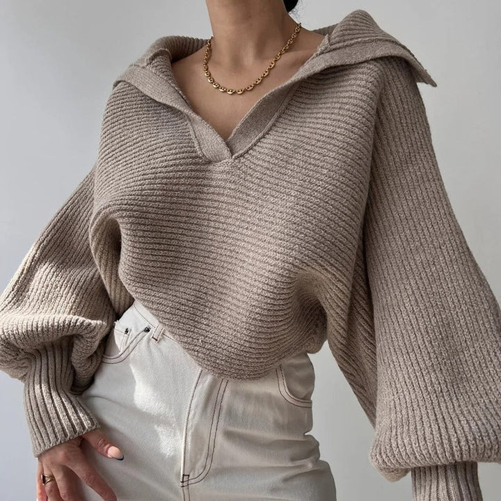 Pull en tricot col ouvert à manches lanterne confortable