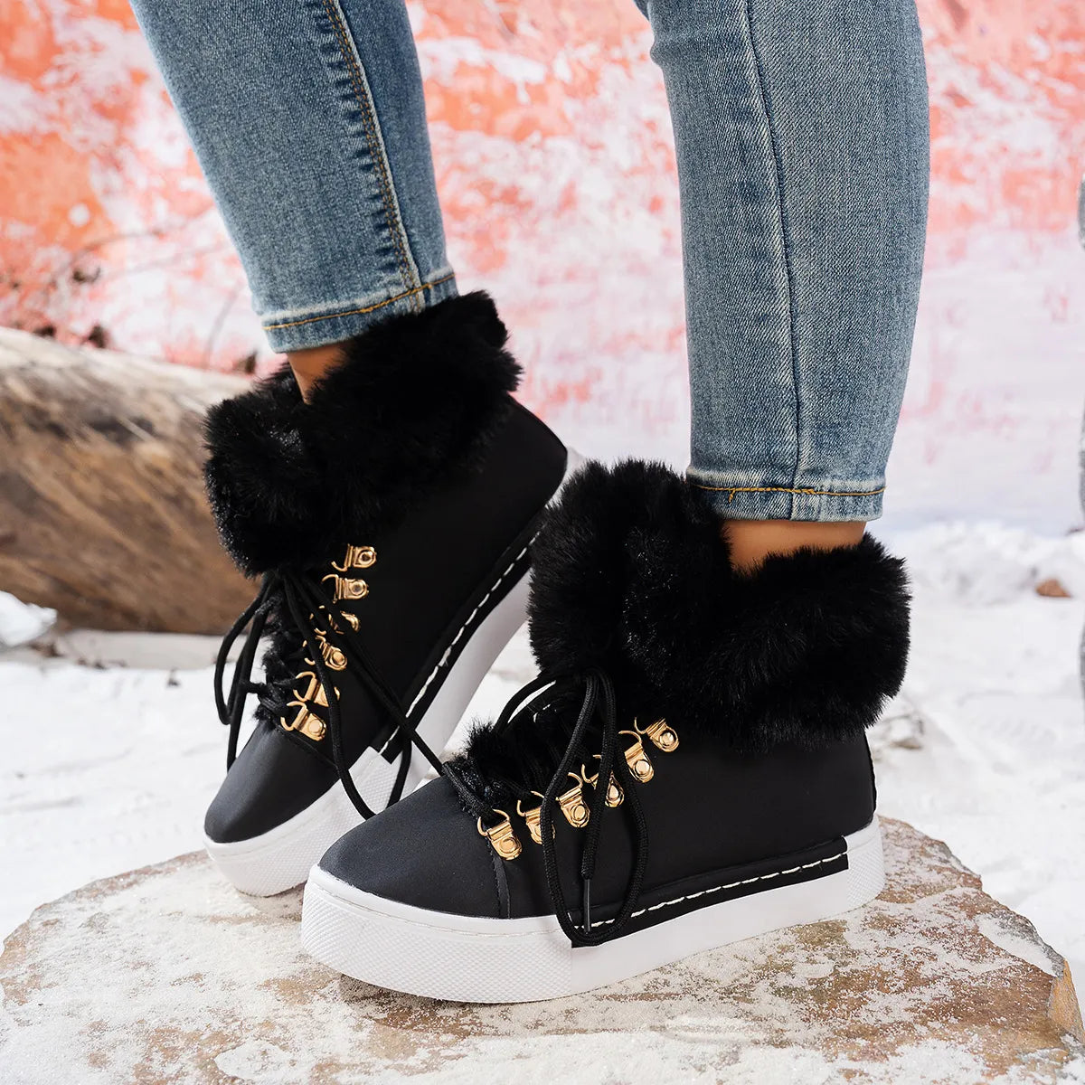 Bottes d'hiver en laine confortables à lacets pour femmes