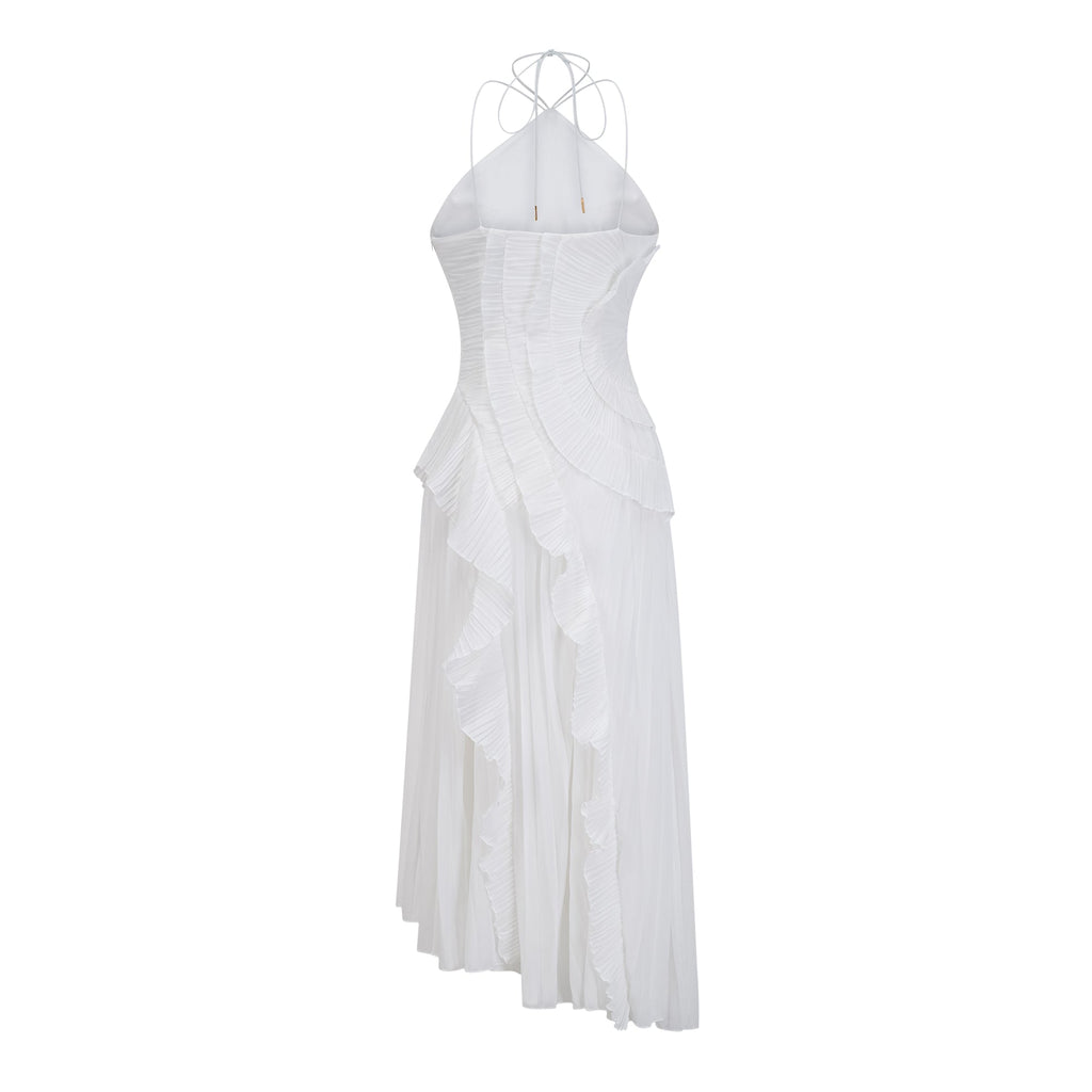 Robe mi-longue plissée blanche en forme de rose thé pour femmes