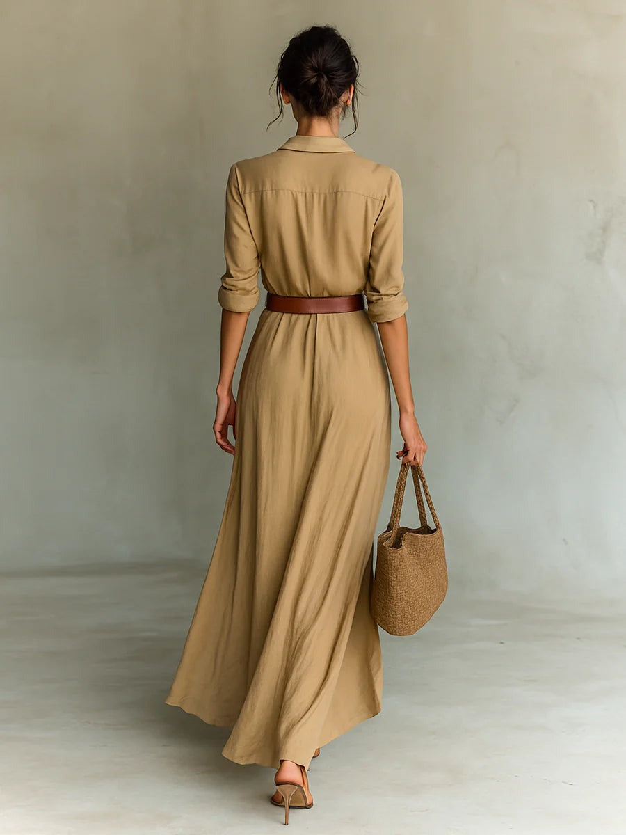 Robe longue élégante sur mesure à manches longues avec col à revers