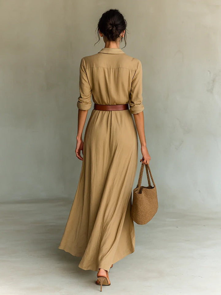 Robe longue élégante sur mesure à manches longues avec col à revers