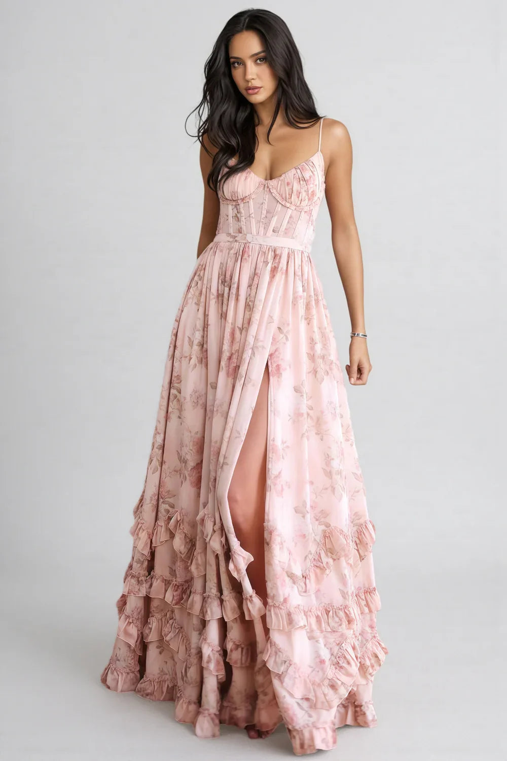 Robe Maxi à Bretelles Spaghetti avec Ourlet à Volants