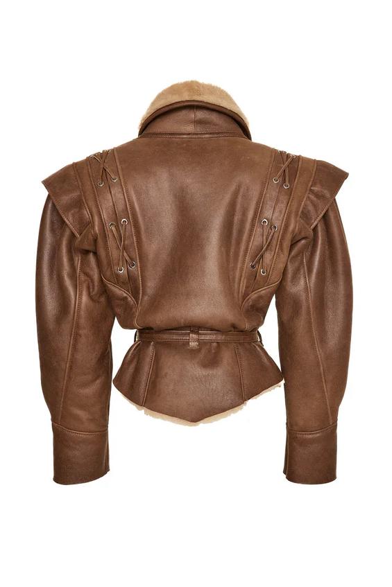 Manteau chic en cuir PU avec bordure en fausse fourrure et laçage