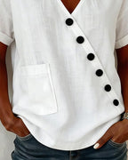 Blouse en coton à col en V avec patte de boutonnage diagonale