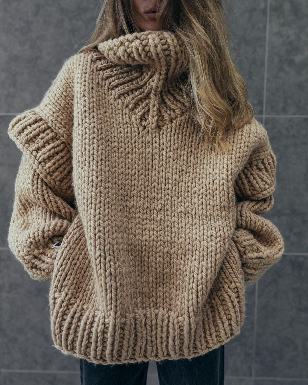 Pull Col Roulé Oversize en Maille Épaisse pour Femme