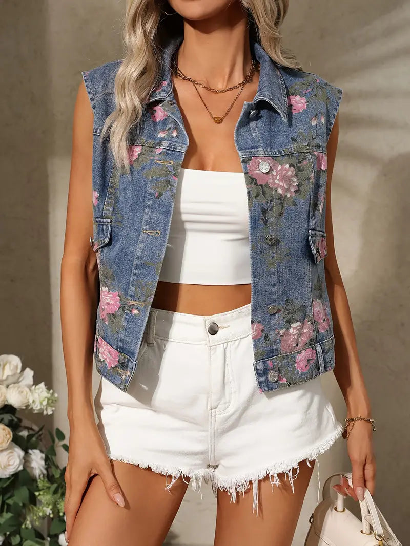 Veste sans manches en jean pour femme avec motif floral