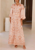 Sophie Paris I Robe chemise en lin imprimé rose avec manches ballon et ceinture à nouer