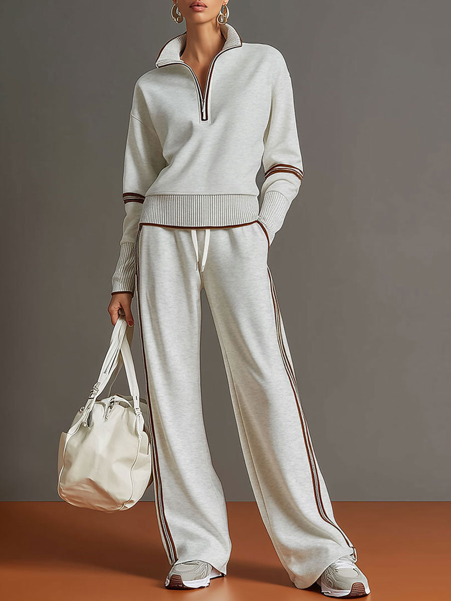 Ensemble sweat à demi-fermeture éclair et pantalon à jambes larges