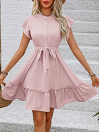 Robe Mignonne Plissée à Pois avec Taille Ceinturée