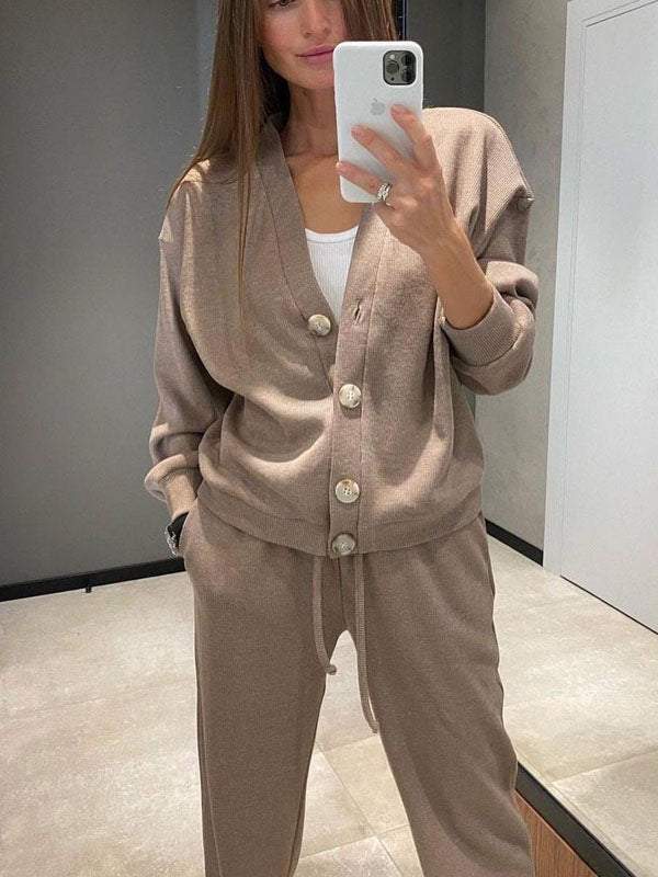 Ensemble décontracté confortable pull à col en V et pantalon
