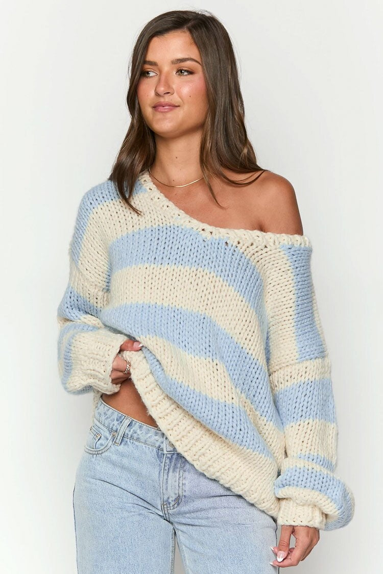 Pull en maille rayé confortable à épaules dénudées