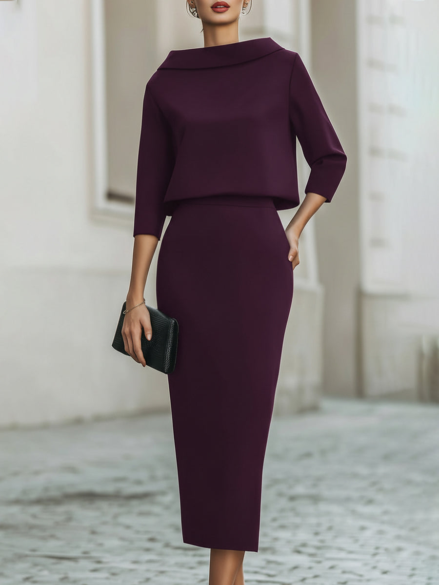 Ensemble Haut Col Bateau et Jupe Midi pour Femme
