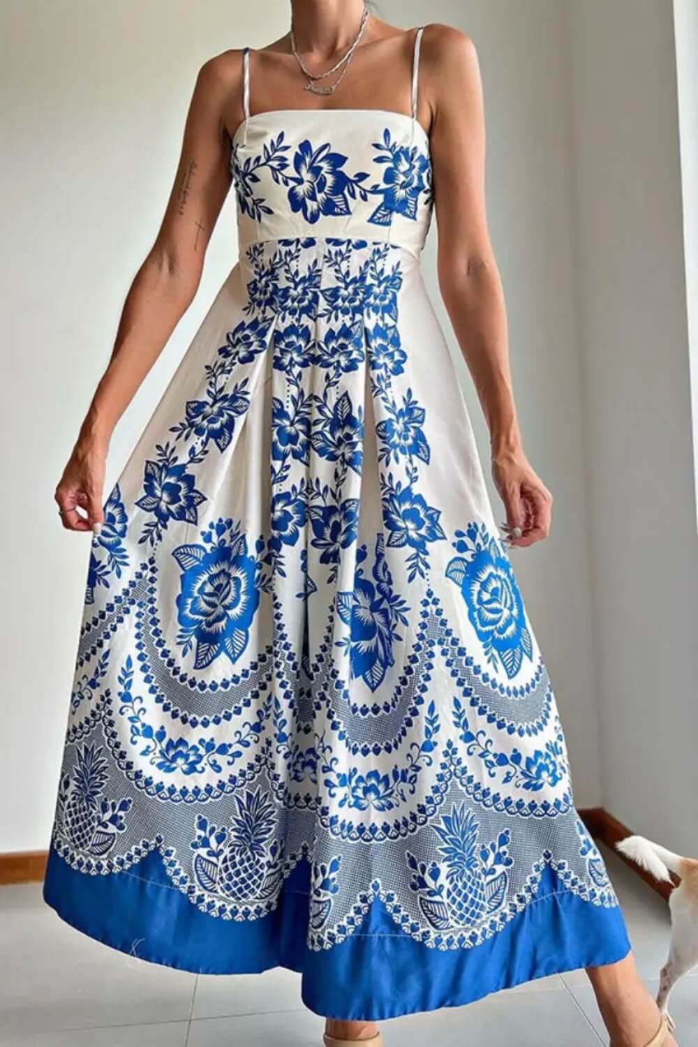 Robe midi bleu en polyester à bretelles spaghetti