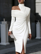 Robe de soirée longue asymétrique drapée à une épaule pour femme