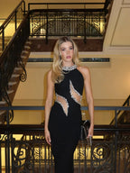 Robe Maxi Noire pour Femmes avec Détails Découpés en Strass