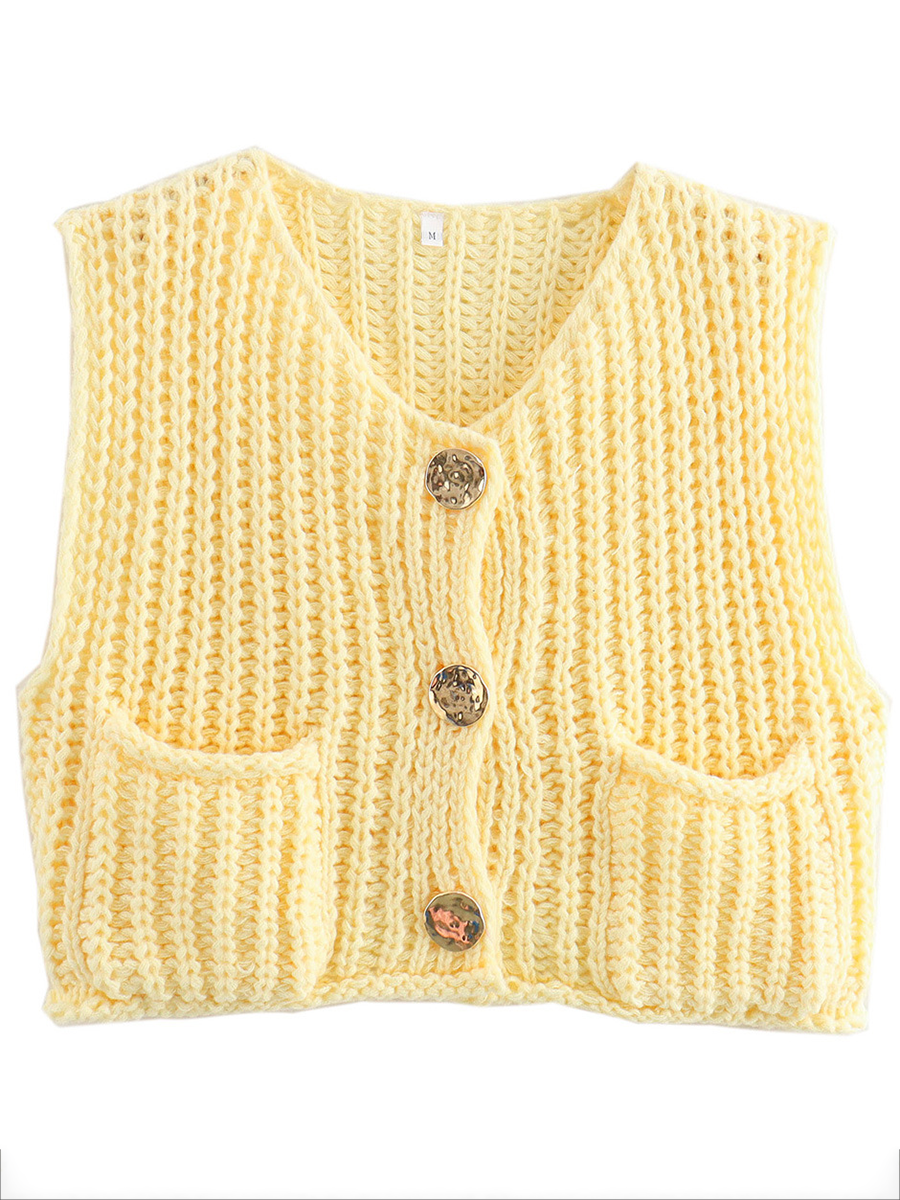 Cardigan en maille sans manches uni avec poches, vue trois quarts