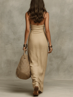 Robe longue dos-nu en coton et lin