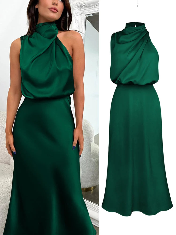 Robe midi en satin pour femme à encolure asymétrique