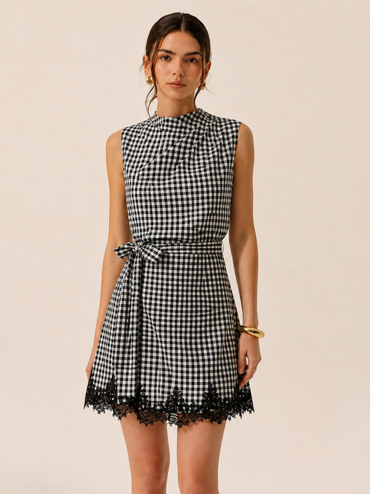 Robe Mini Vichy Sans Manches À Taille Nouée