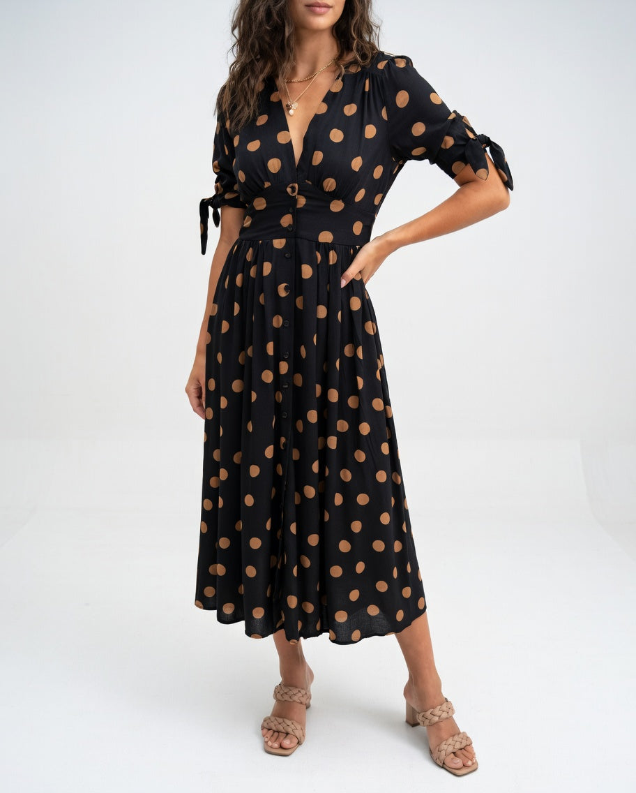 Robe Midi Élégante à Pois pour Femmes