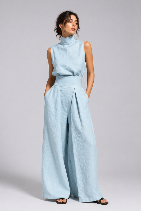 Femme portant un ensemble en lin léger avec débardeur et pantalon fluide