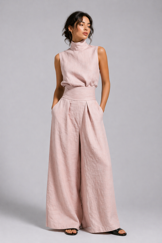 Détail du pantalon fluide en lin léger de l'ensemble femme