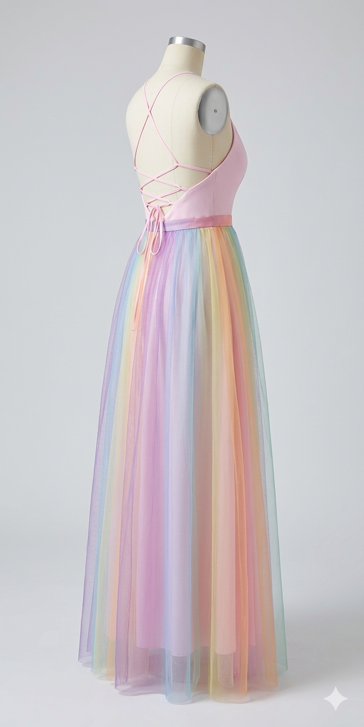 Détail du tissu en résille avec imprimé arc-en-ciel multicolore