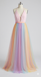 Robe femme légère en résille arc-en-ciel portée en studio