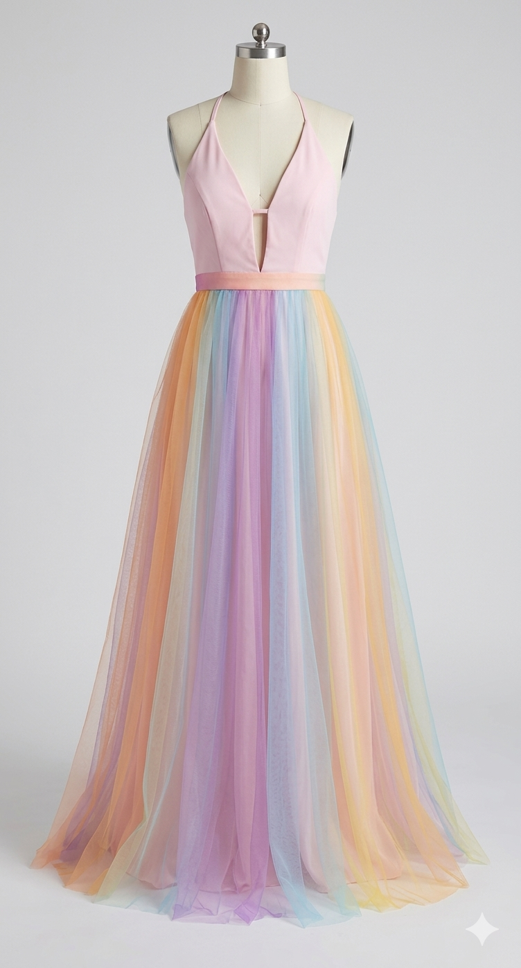 Robe femme légère en résille arc-en-ciel portée en studio