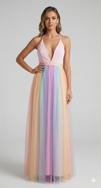 Silhouette de robe femme en résille imprimée arc-en-ciel