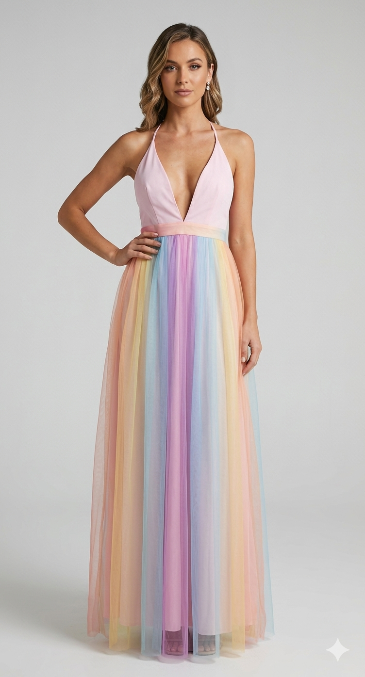 Silhouette de robe femme en résille imprimée arc-en-ciel