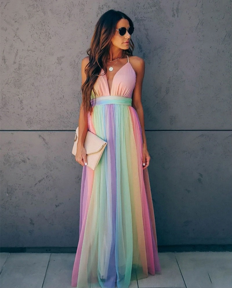 Robe femme en résille multicolore à imprimé arc-en-ciel vue de face
