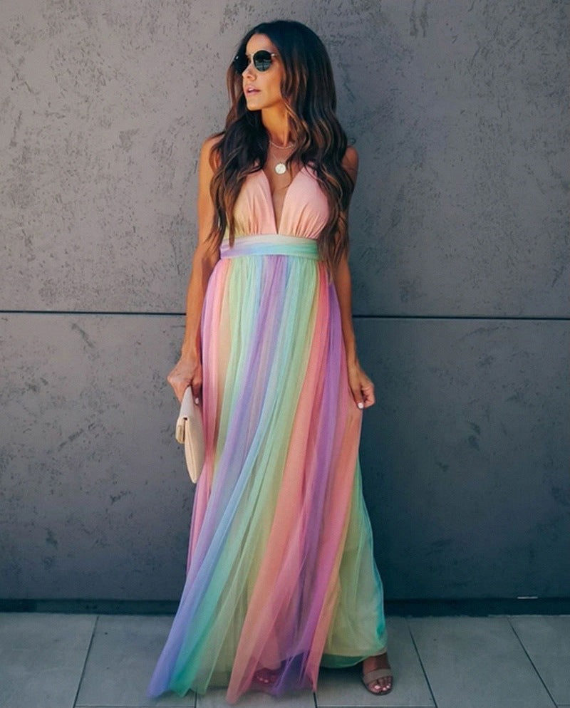 Robe femme en résille imprimé arc-en-ciel avec bretelles spaghetti