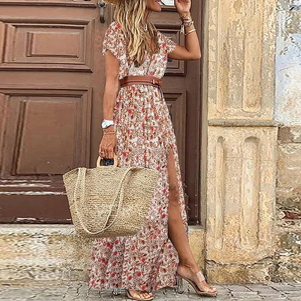 Robe longue cachemire à imprimé pour femme, été, col en V, confortable