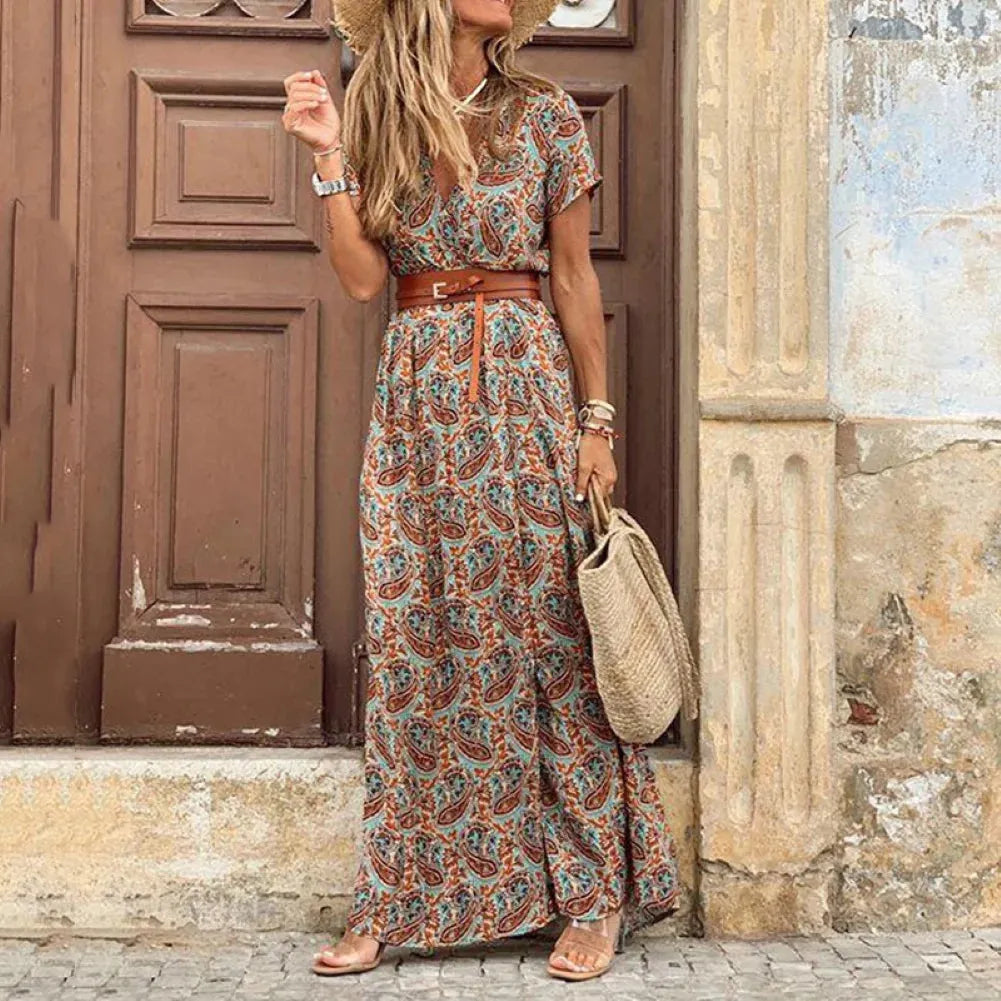 Robe longue cachemire à imprimé pour femme, été, col en V, confortable