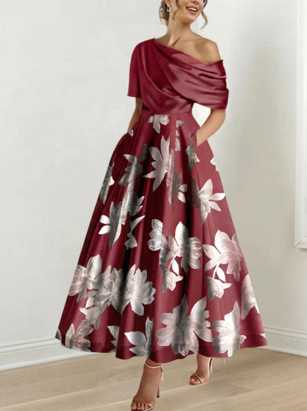 Robe de mère de la mariée à fleurs imprimées asymétrique en ligne A