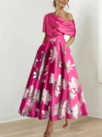 Robe de mère de la mariée à fleurs imprimées asymétrique en ligne A