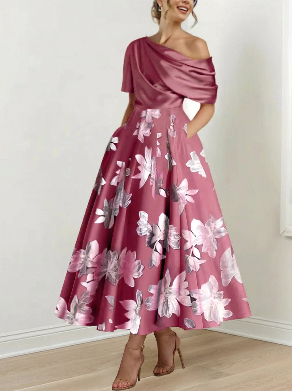 Robe de mère de la mariée à fleurs imprimées asymétrique en ligne A