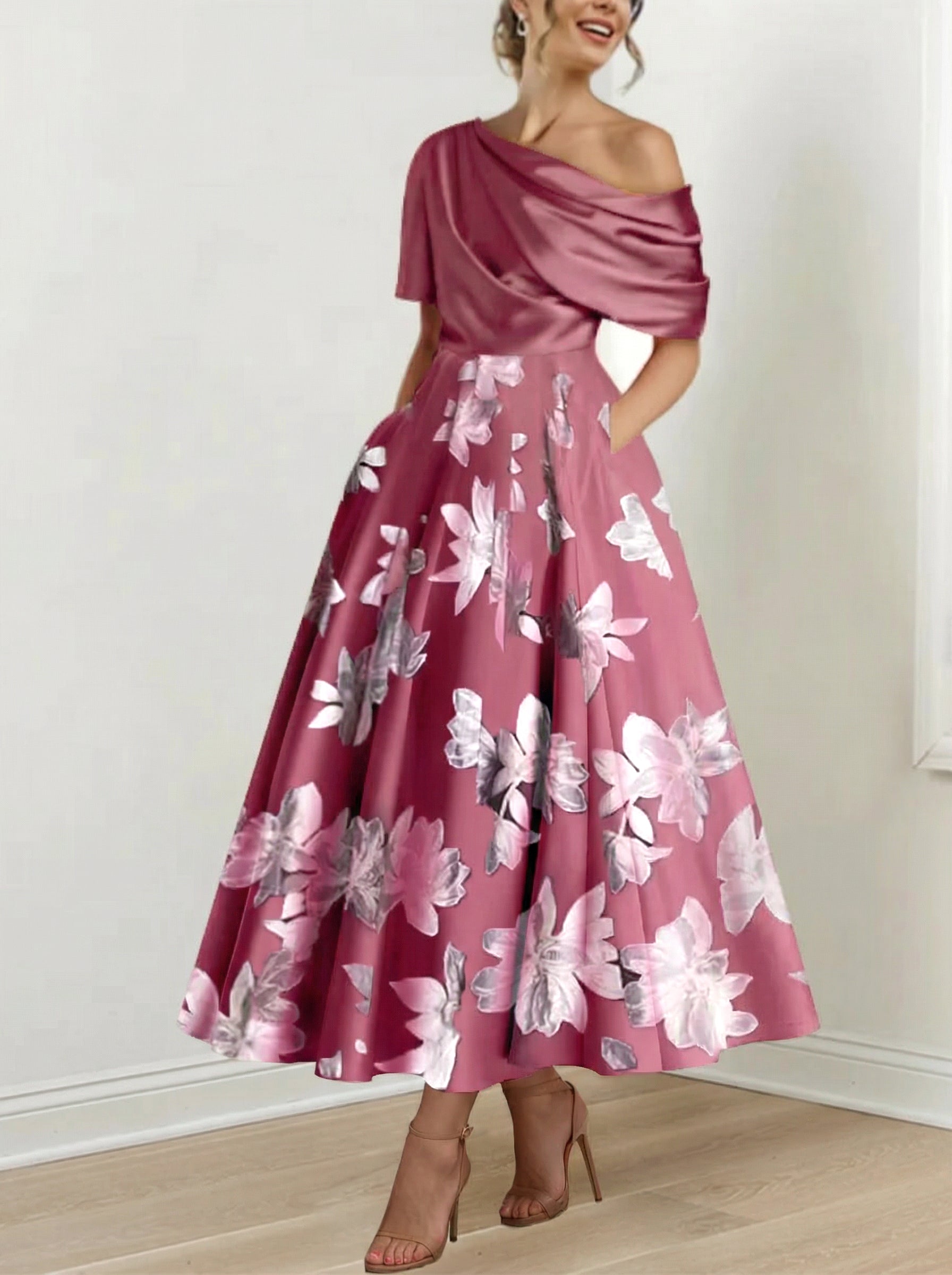 Robe de mère de la mariée à fleurs imprimées asymétrique en ligne A