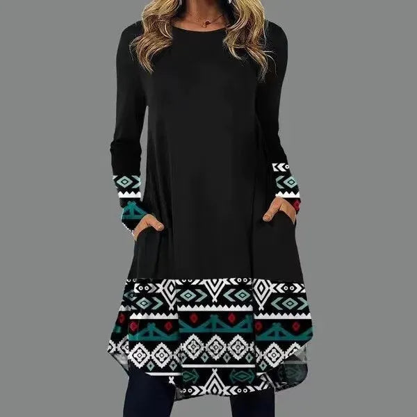 Fleur Rousse | Trendy Robe à Manches Longues à Motifs Boho
