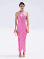 Robe longue élégante pour femme avec col sophistiqué et fente