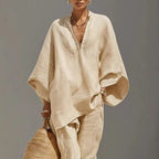 Ensemble femme en lin bohème asymétrique deux pièces vue de face