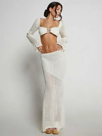 Ensemble jupe maxi 2 pièces en crochet pour femme avec haut à manches longues et découpe