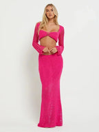 Ensemble jupe maxi 2 pièces en crochet pour femme avec haut à manches longues et découpe