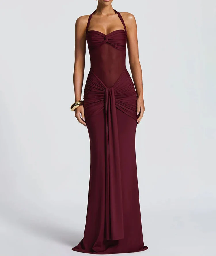 Robe longue moulante drapée à col halter robe de soirée sculptante