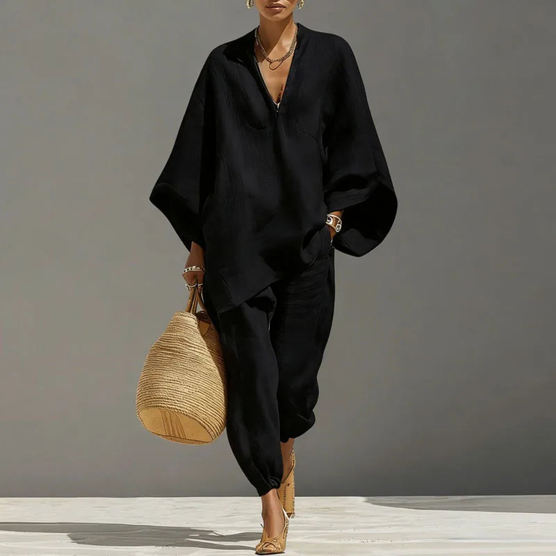 Ensemble femme en lin léger avec coupe ample et tombé naturel