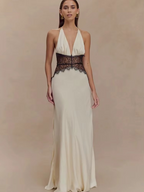 Robe Maxi Dos Nu à Panneaux en Dentelle et Col Halter