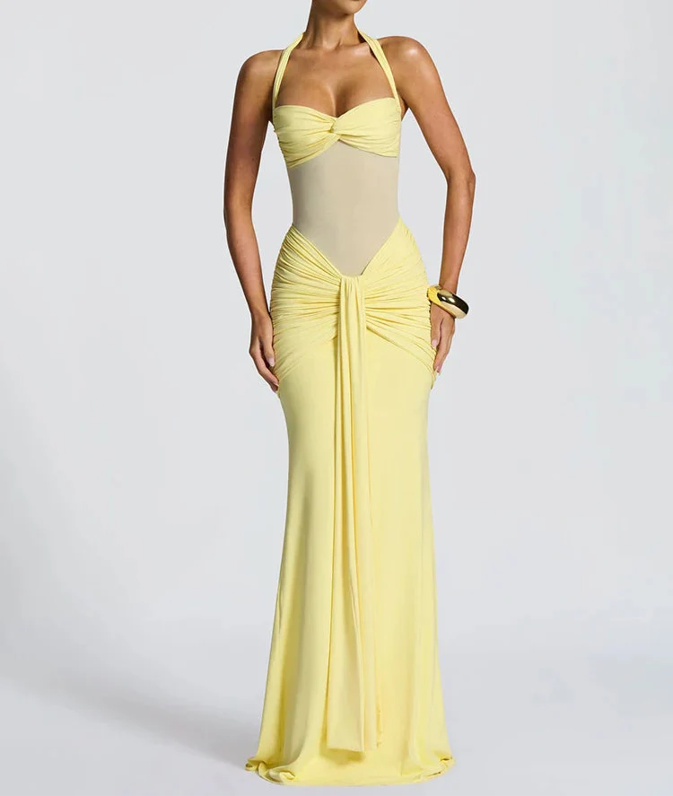 Robe longue moulante drapée à col halter robe de soirée sculptante