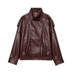 Veste en cuir asymétrique à col montant pour femmes
